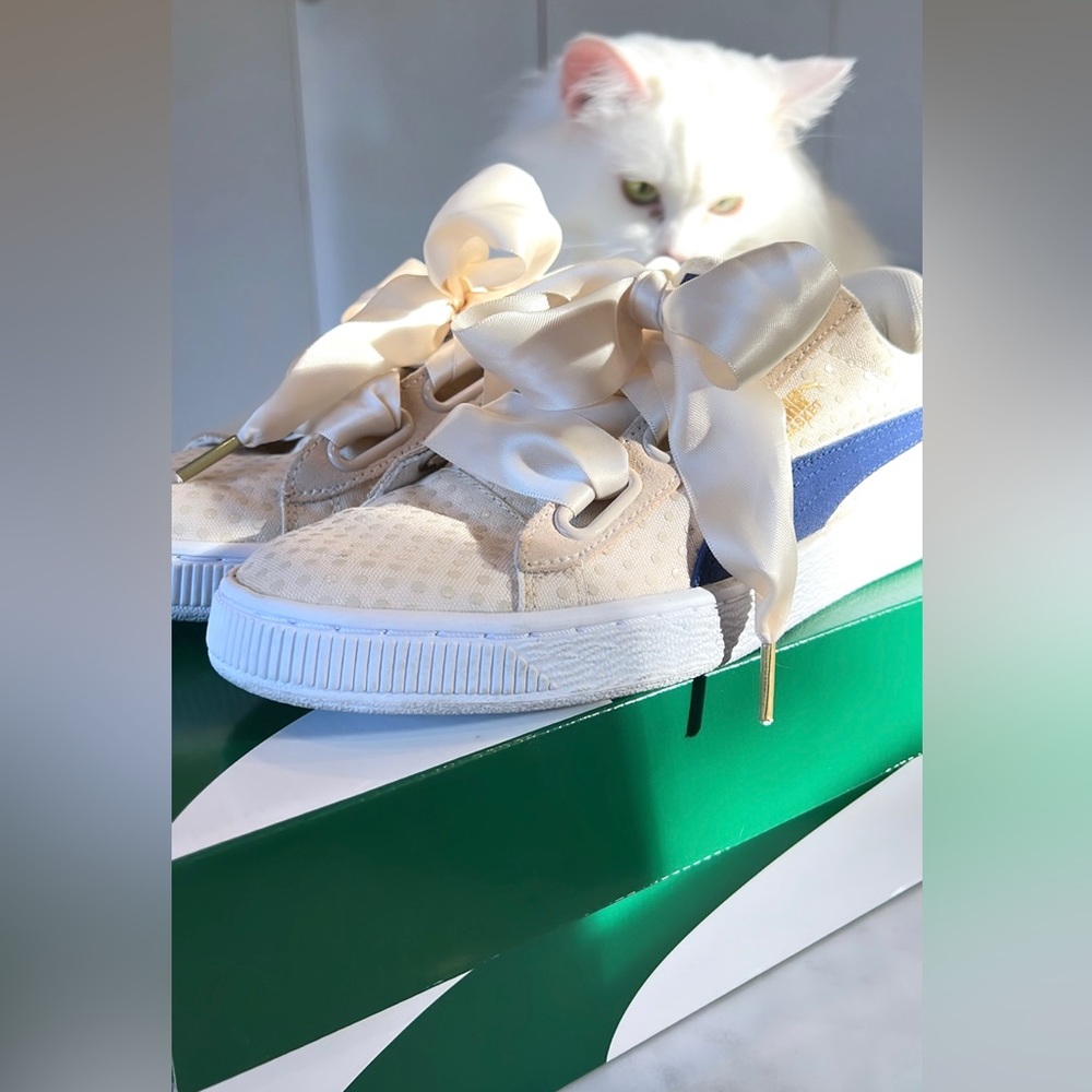Puma Basket Heart Denim Oatmeal Twilight Blue Women’s Shoes - Picture 9 of 17